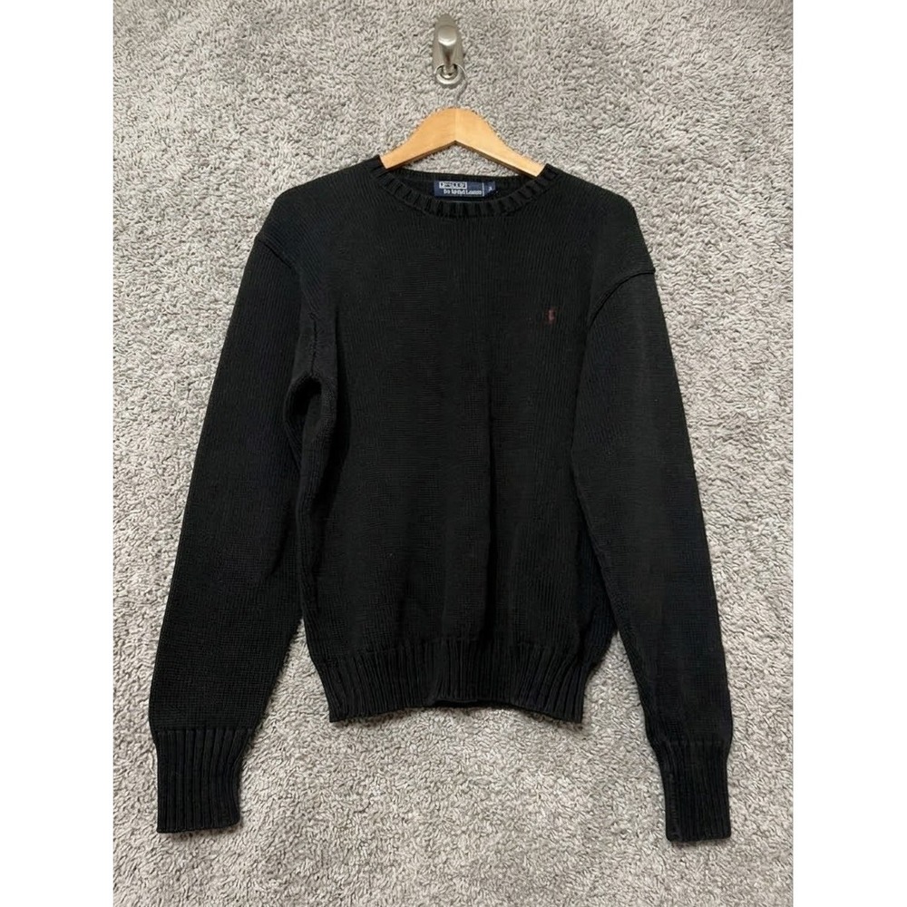 Polo Ralph Lauren Mens Vintage Black Cotton Knit Crewneck Sweater Large Pony